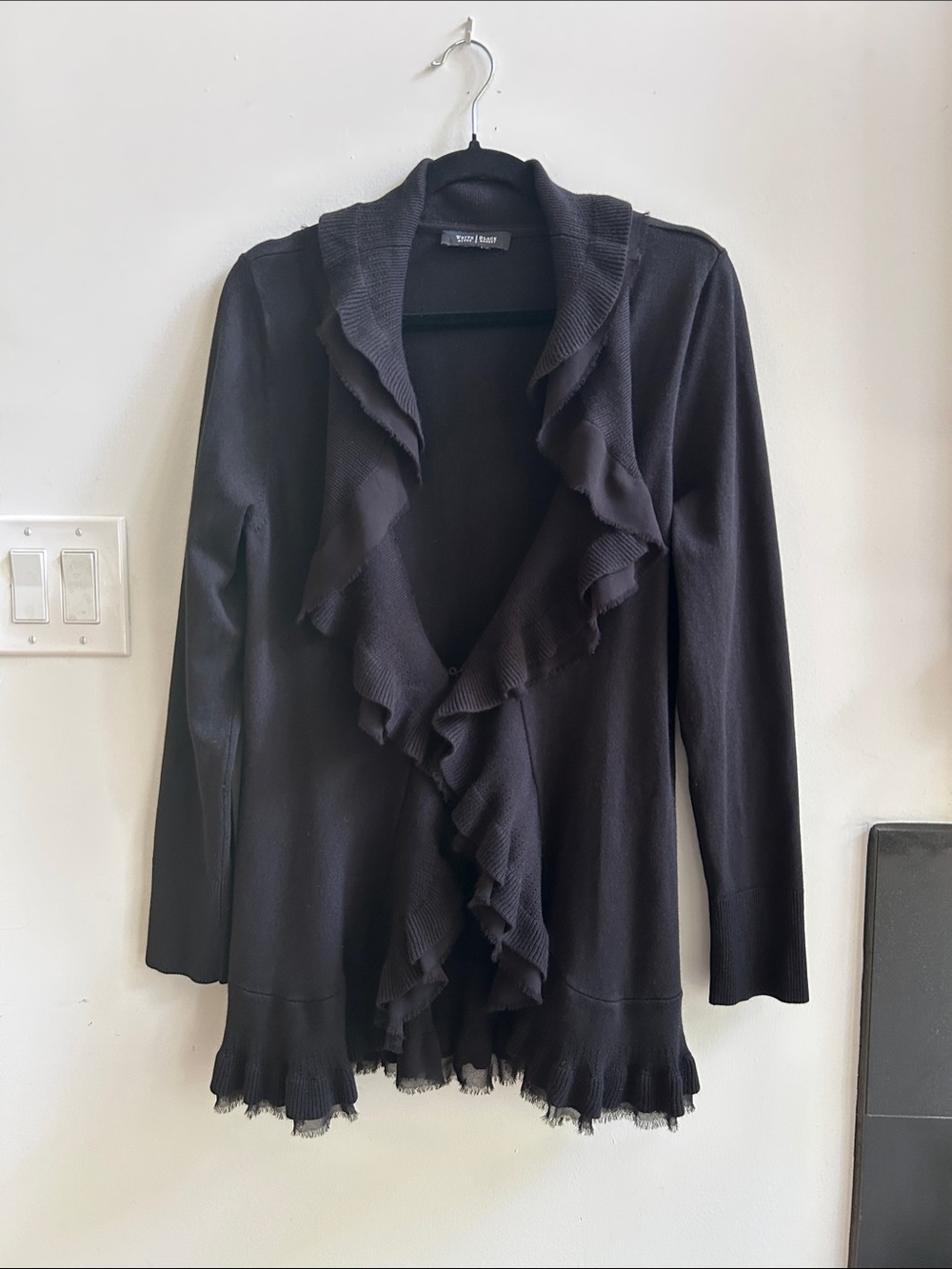 WHITE HOUSE BLACK MARKET Black Ruffle-Trim Silk Cardigan | Size Med - Picture 2 of 3